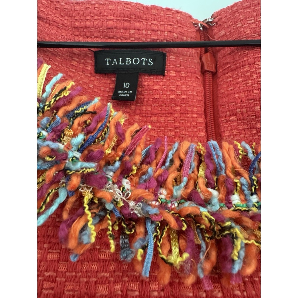 Talbots Tweed Sheath Dress Size 10 Coral Red Fringe Trim Sleeveless Lined Pocket - Picture 4 of 12